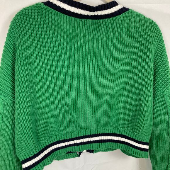 Forever 21 Womens L Green Chunky Cable Knit Varsity Crop Cardigan Tennis Preppy - Picture 8 of 9